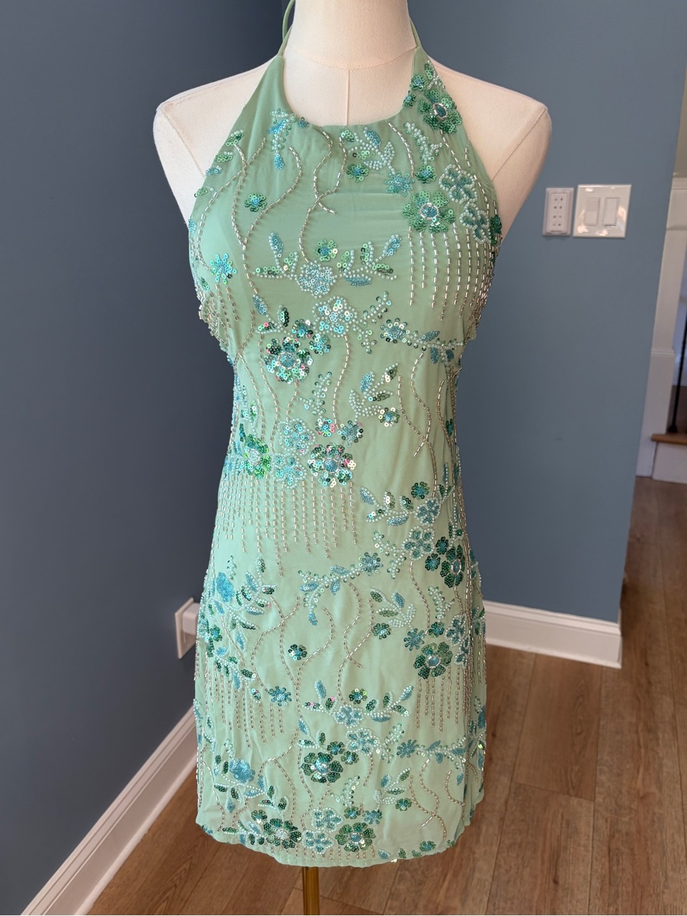 Vintage Y2K Mint Green Beaded Sequin Halter Mini Dress Backless Fairycore